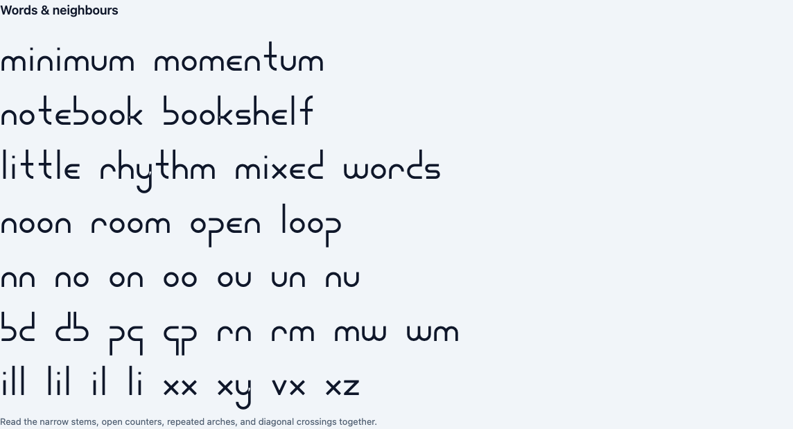 Words and neighbouring letters in NoteBound Grid: minimum momentum, notebook bookshelf, little rhythm mixed words, and pairs showing narrow stems and wide arches.