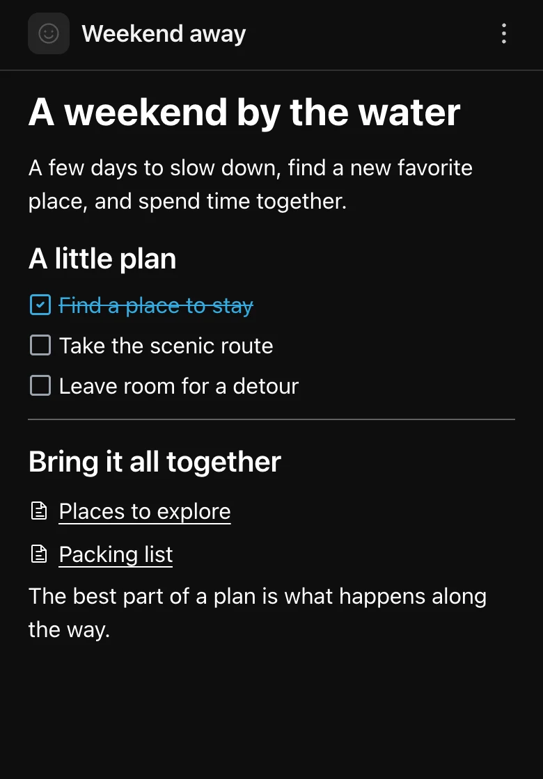 An example NoteBound page with a weekend plan, a checklist, and links to related pages.